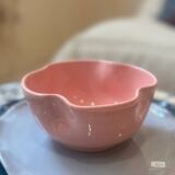 Handmade enameled ceramic bowl with pink clover flower Barbapapa