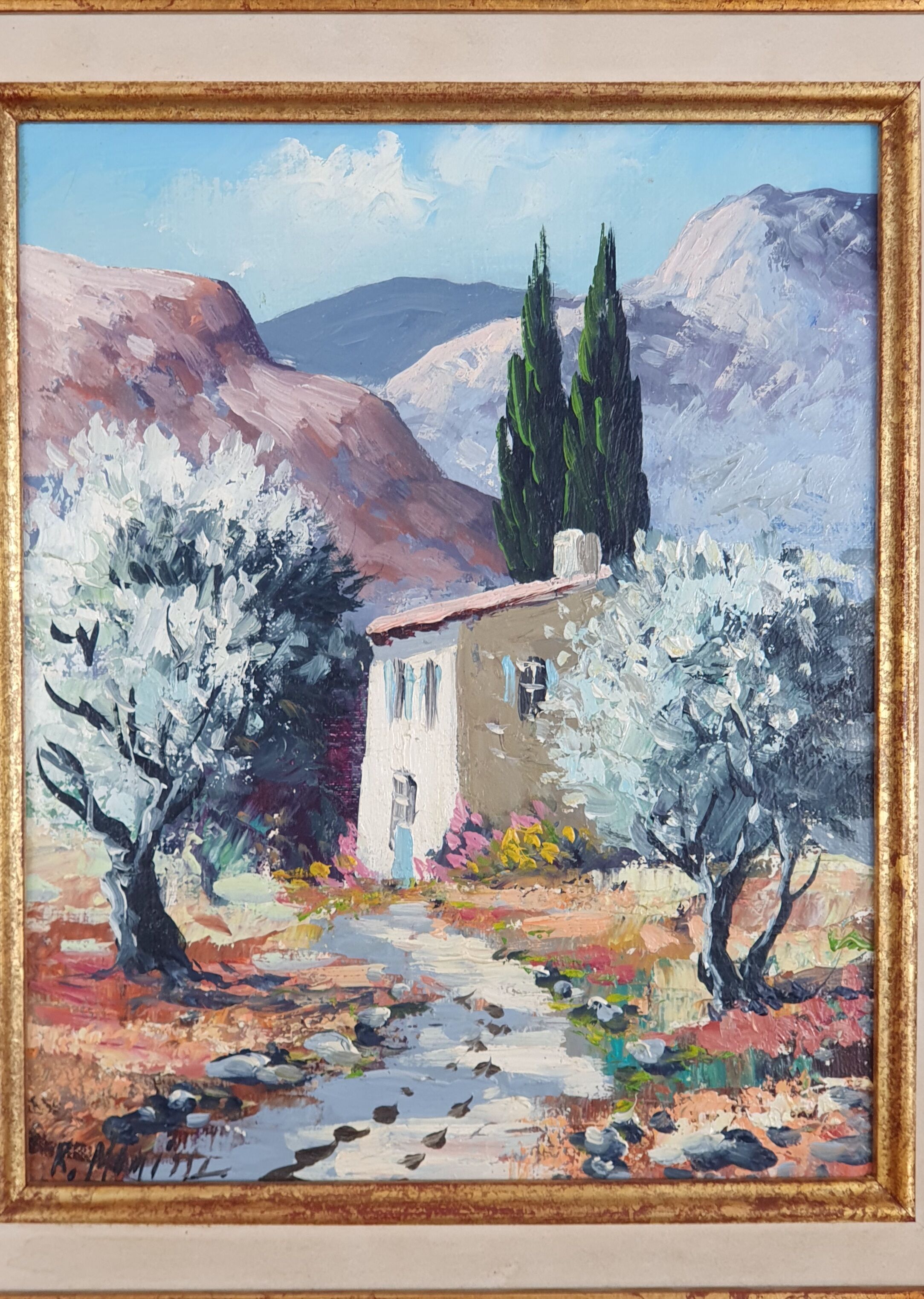 Huile sur toile signée Robert Mogisse XXème paysage provence cadre doré