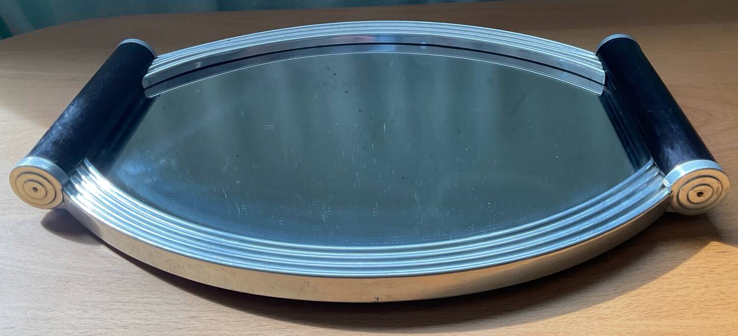 Plateau Art déco miroir aluminium et bois