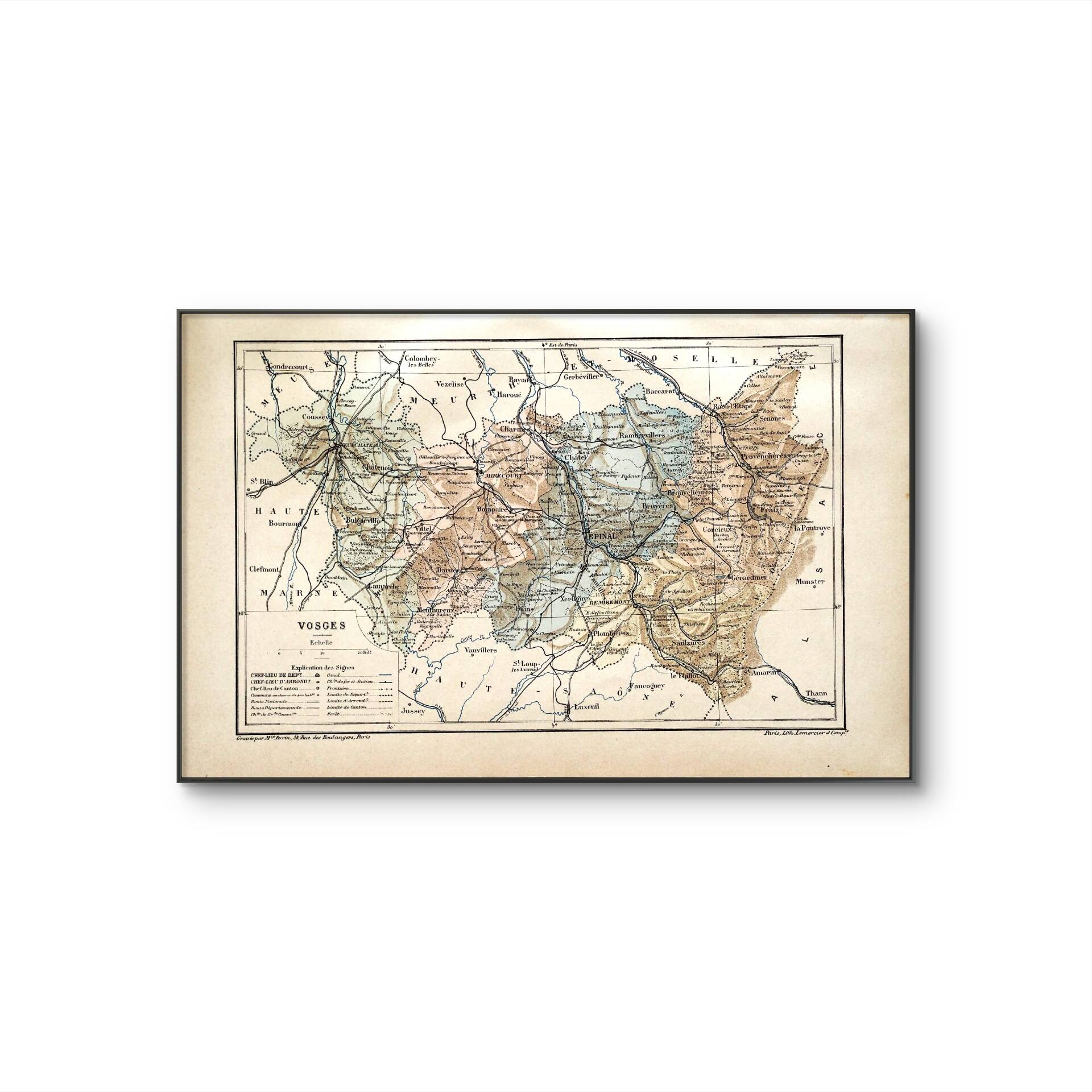 Map of the Vosges, France. Printed antiquity in 1889.
