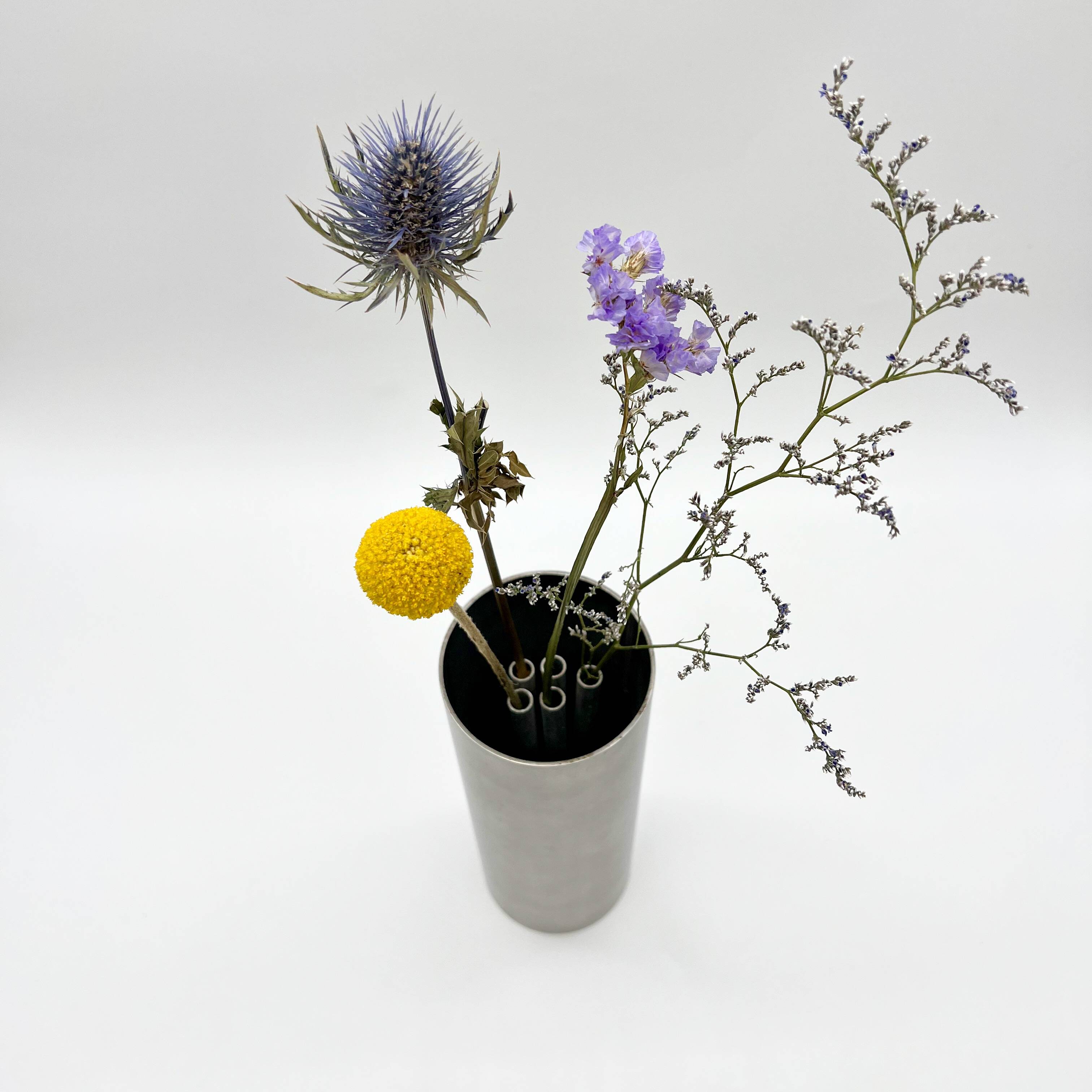 Roll vase / built-in flower stick – brushed aluminum, 1970s