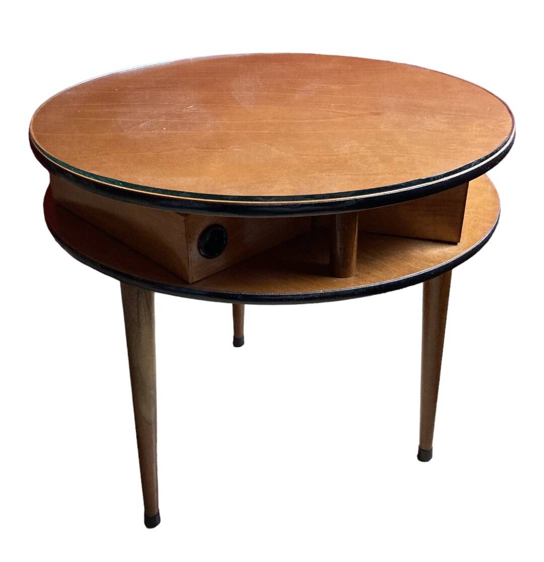 Travailleuse tripode, tiroirs et vitre en verre d'origine