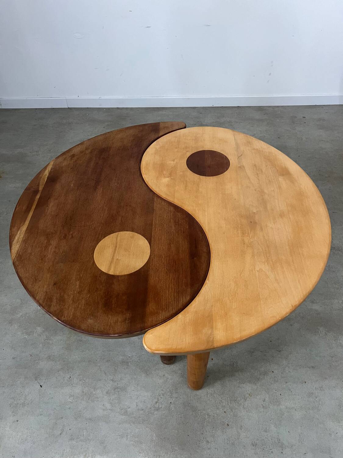 Solid wood coffee table with 2 Yin and Yang elements vintage 60s