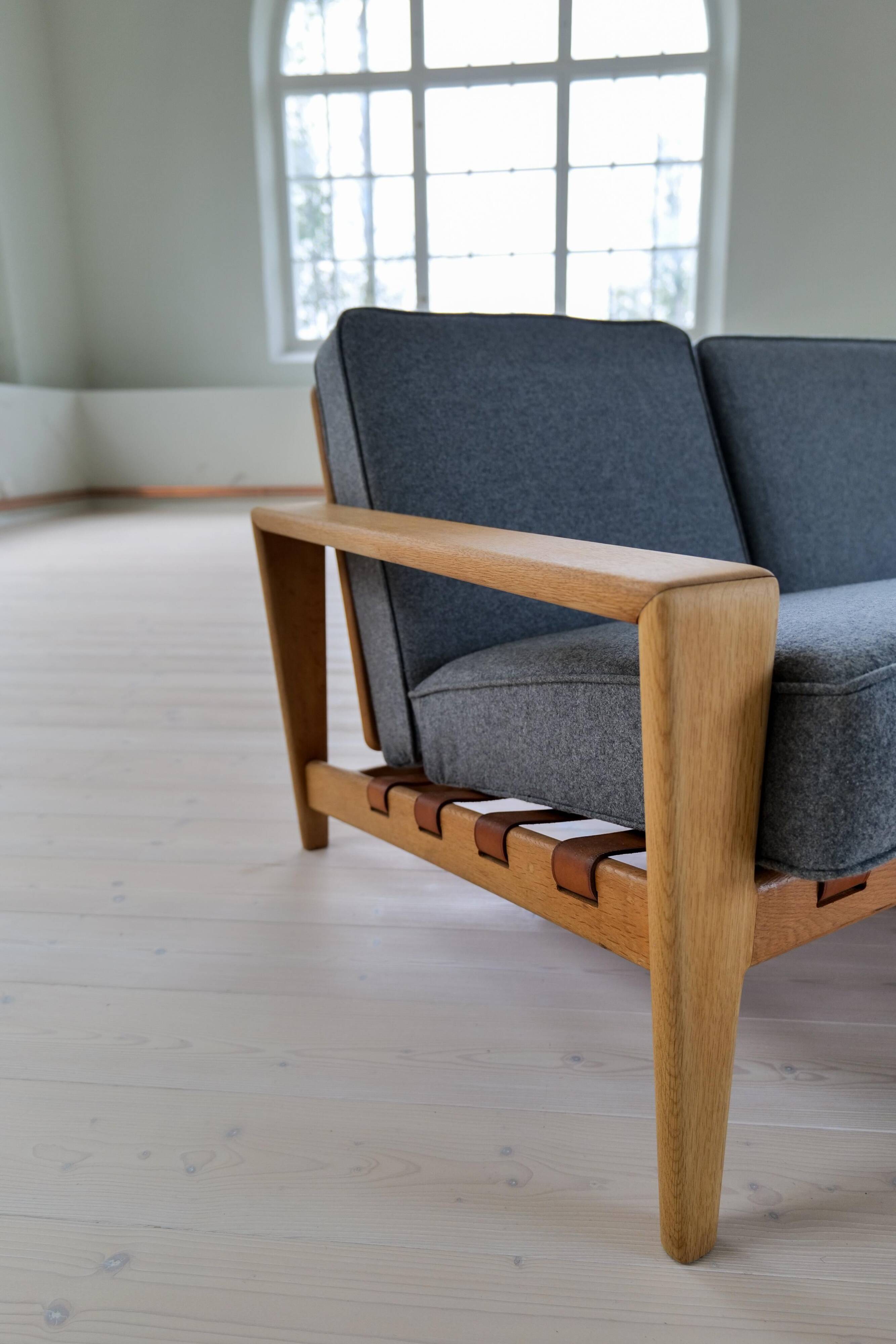 Large 1960s "Bodö" canapé in oak, leather and wool, Svante Skogh, Sweden