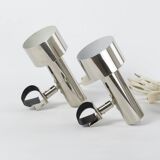 Nickel-plated chrome clip-on spot lamps for string shelf, headboard.