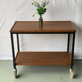 Vintage wooden and metal serving trolley on wheels with double tray