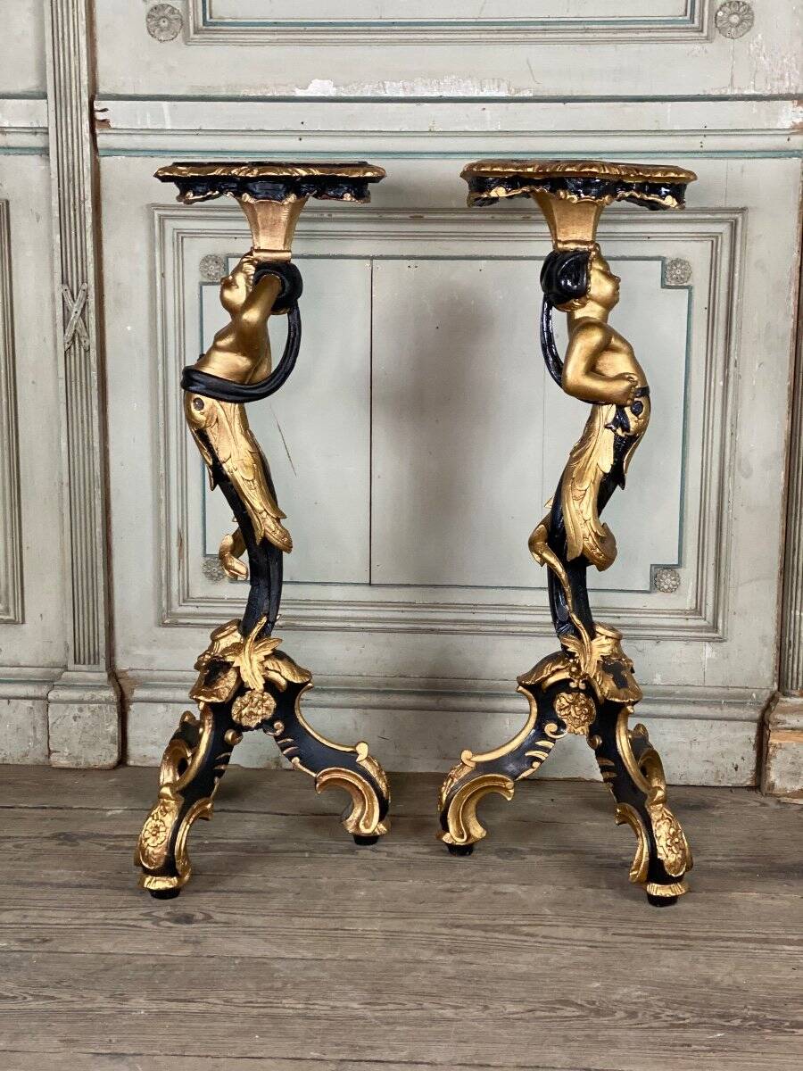 Pair of carved wooden pedestals, black and gold patina circa 1900