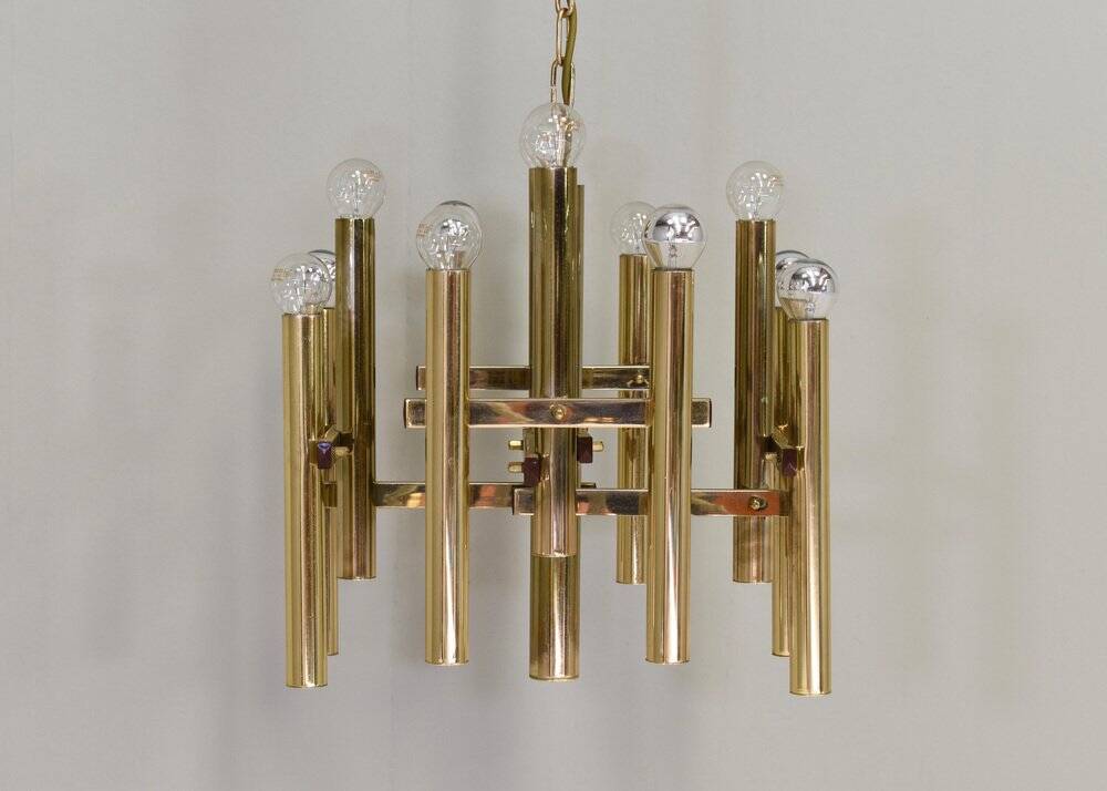 Italian brass chandelier 12 spot pendant lamp by Gaetano Sciolari, 1970s