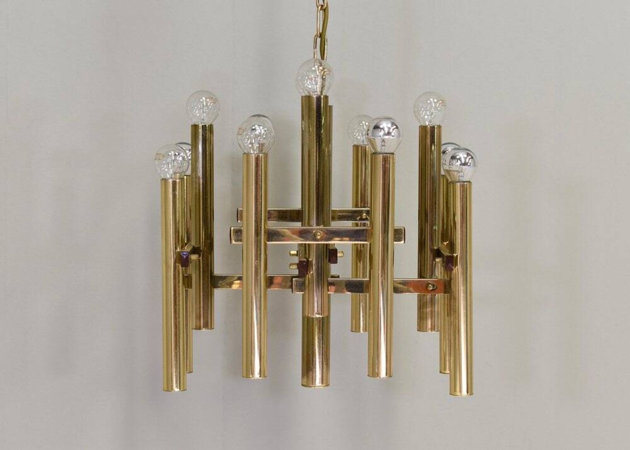 Italian brass chandelier 12 spot pendant lamp by Gaetano Sciolari, 1970s