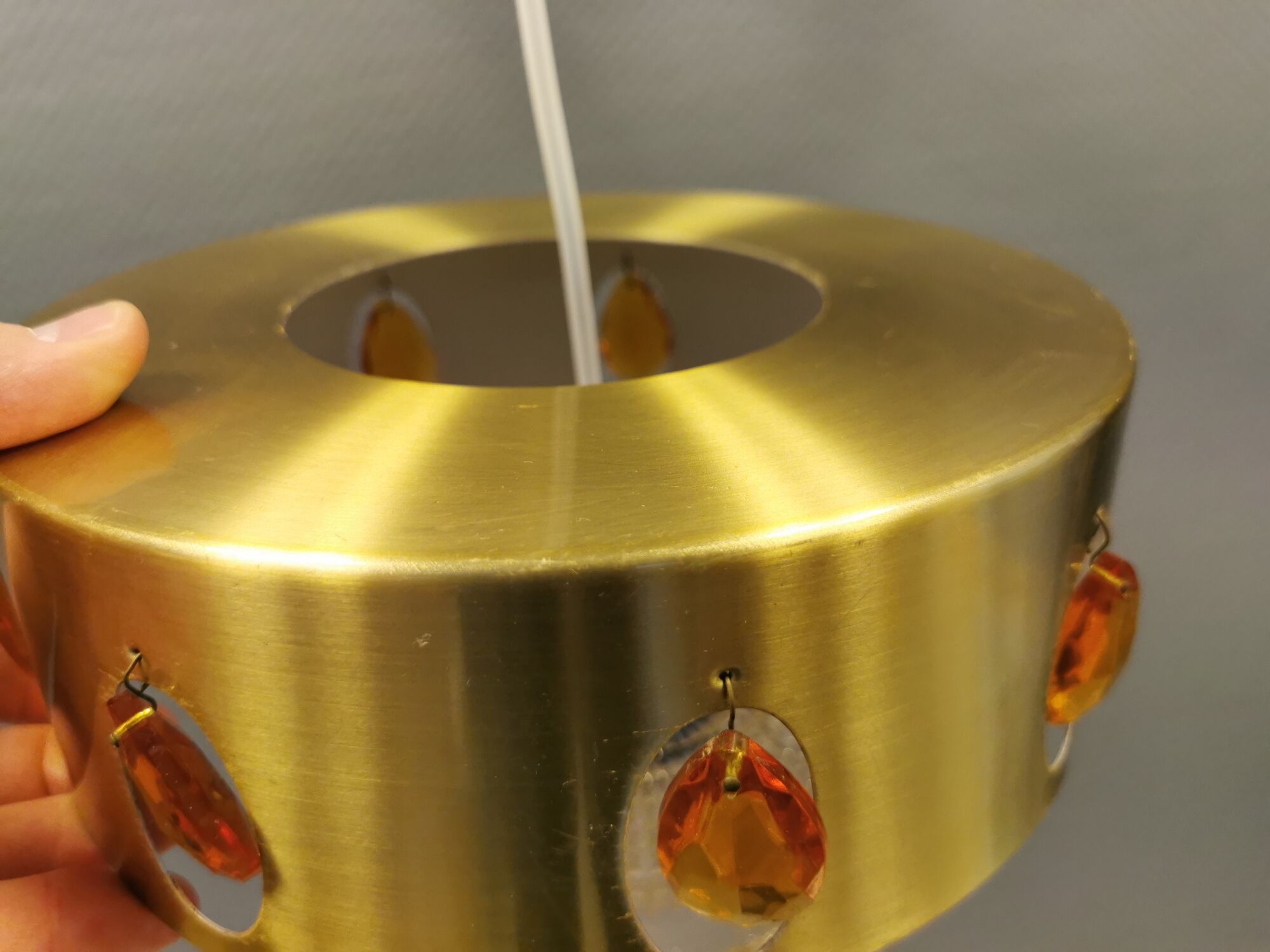 Danish hanging lamp made of glass, metal and with colored prisms