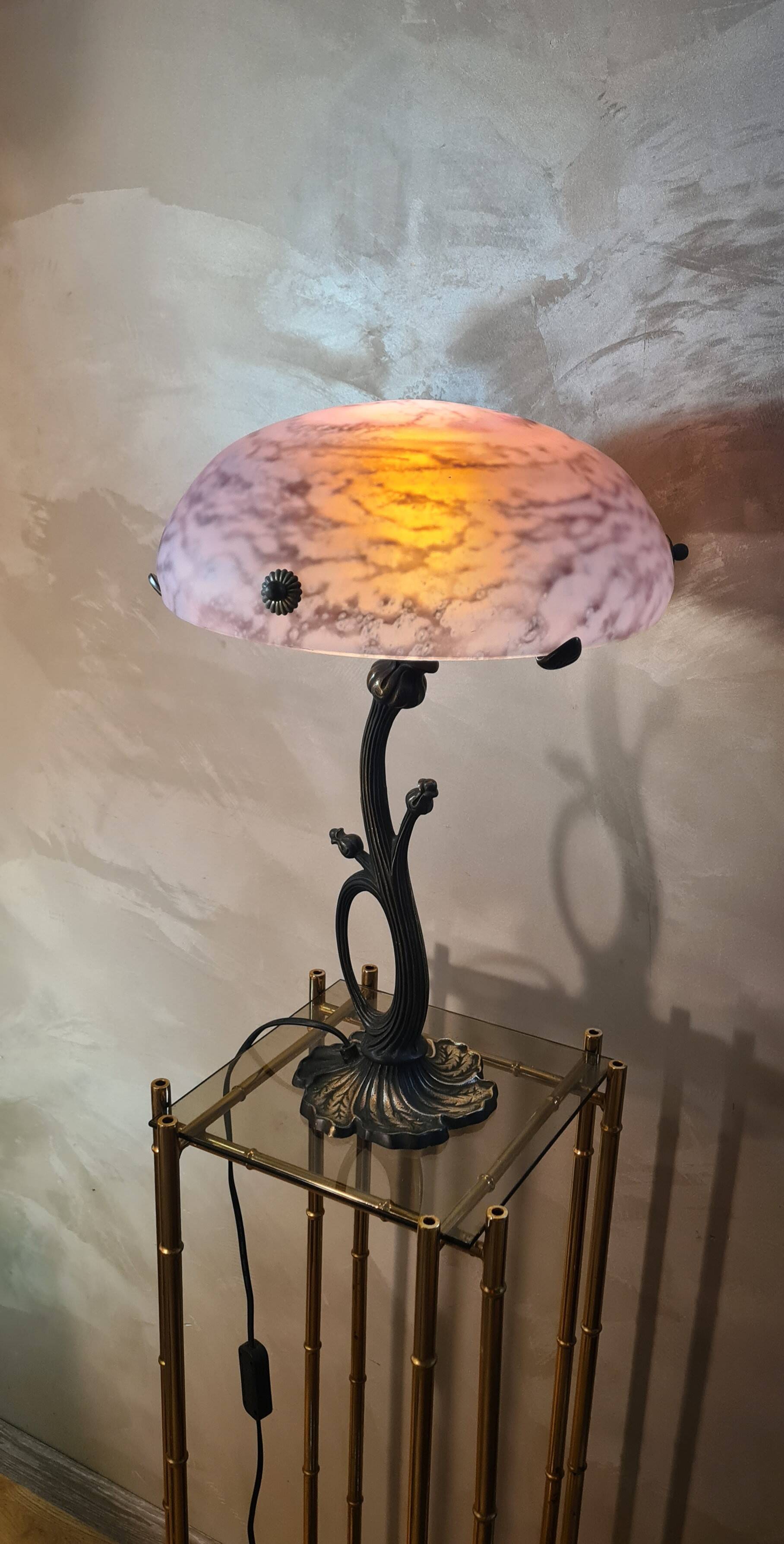 Art nouveau style bronze lamp and its marbled glass paste basin 48x30