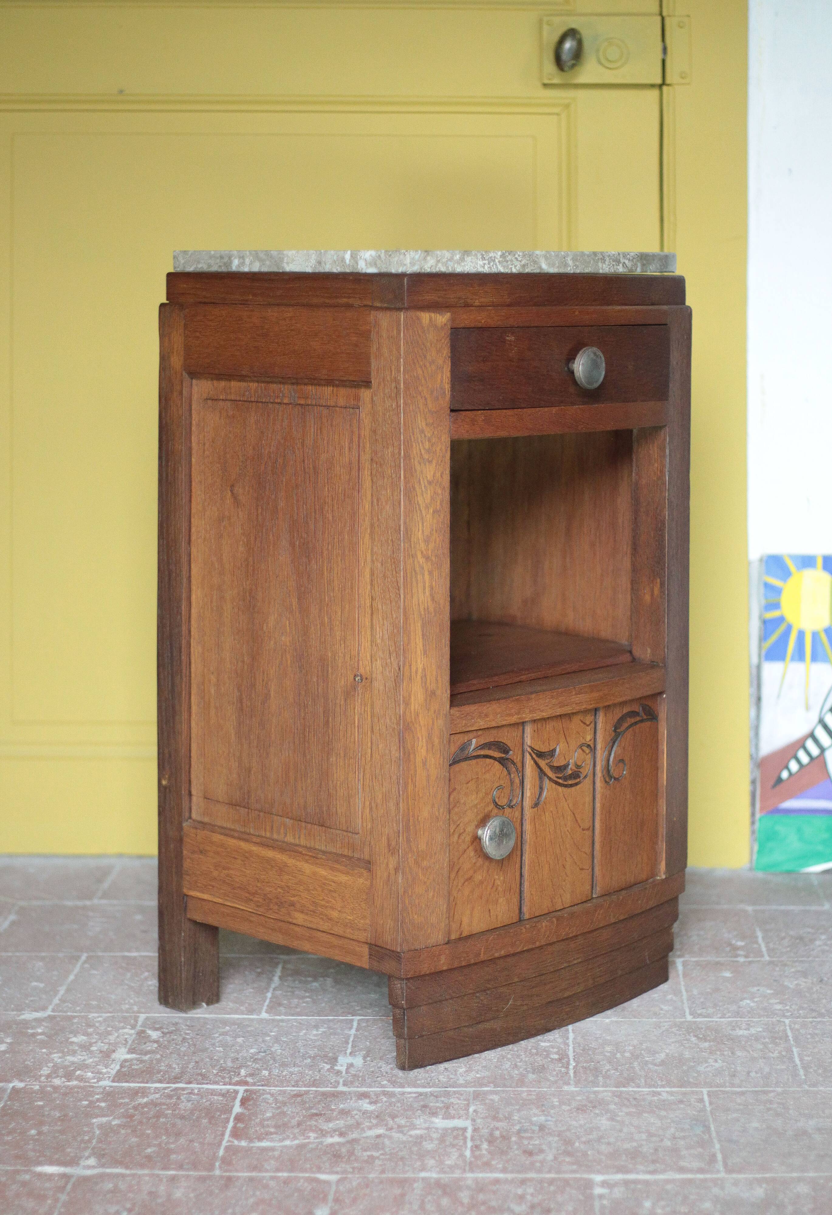 Art Deco bedside table, wooden Art Deco nightstand with marble top.