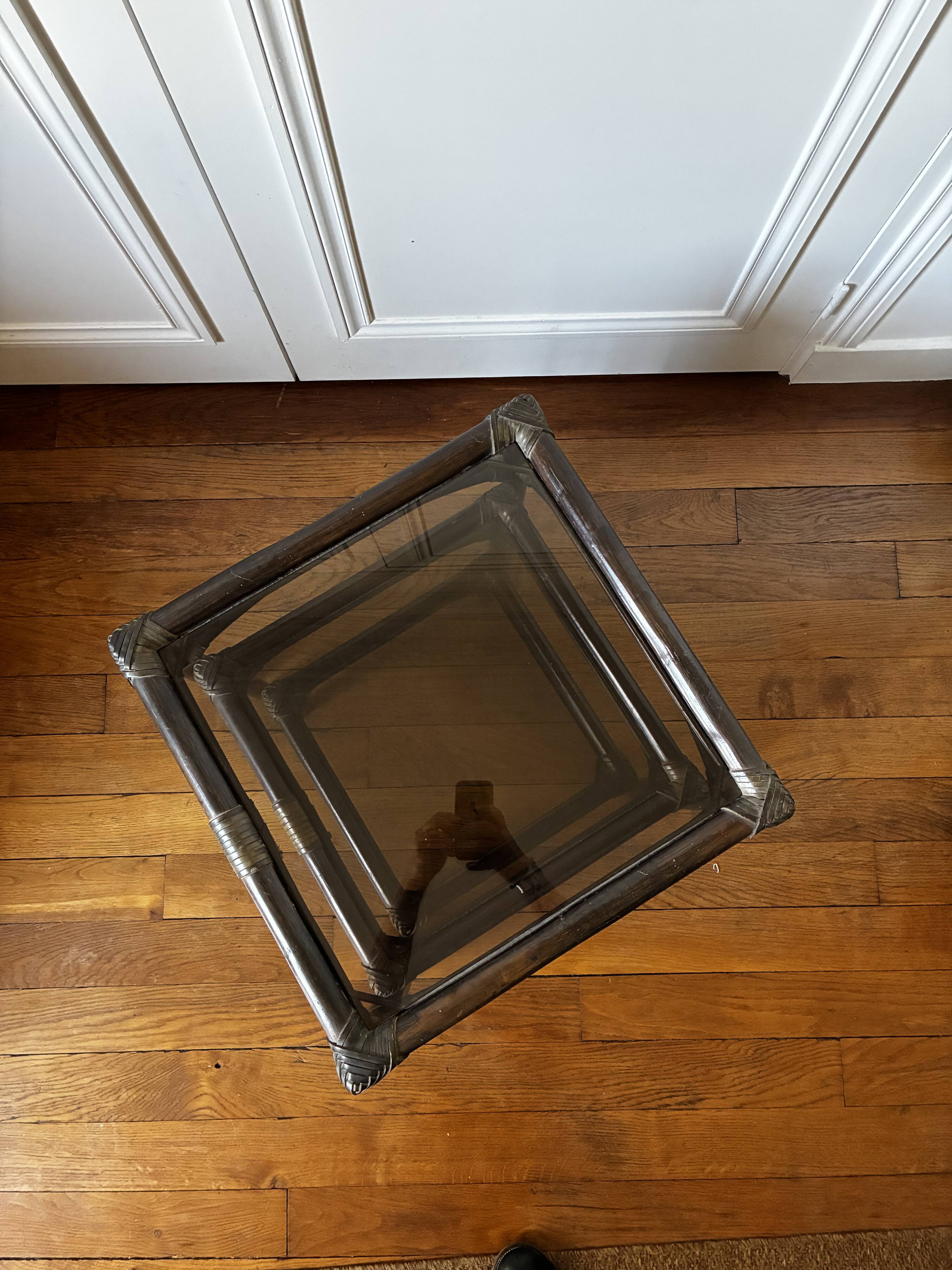 Bamboo and smoked glass nesting coffee tables