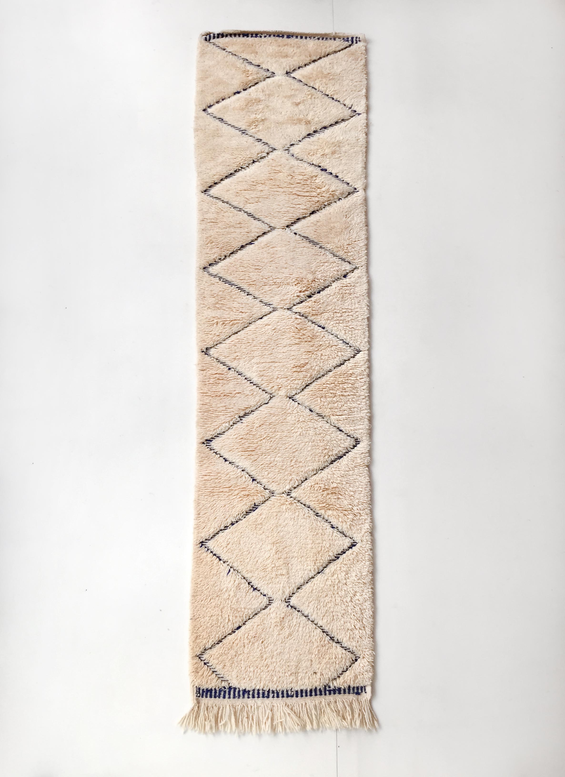 Moroccan Berber carpet blessed ouarain ecru corridor with blue diamonds engraved 312x68cm