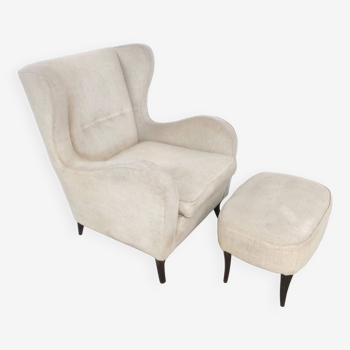 Fauteuil lounge vintage en ivoire avec ottoman dans le style de Gio Ponti, Italie