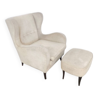 Vintage Ivory Lounge Chair with Ottoman in the Style of Gio Ponti, Italy