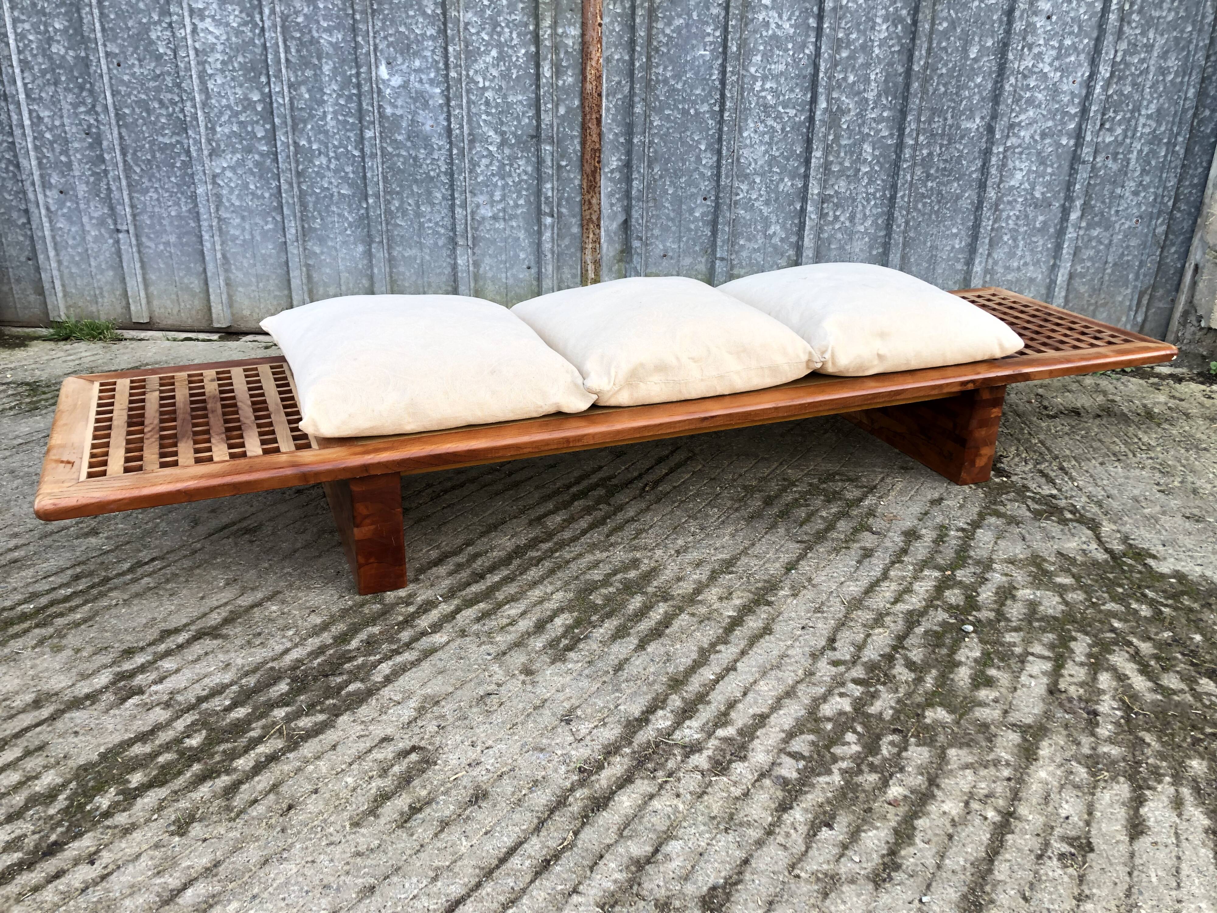 Vintage Yew Wood Bench with 3 Cushions