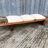 Vintage Yew Wood Bench with 3 Cushions