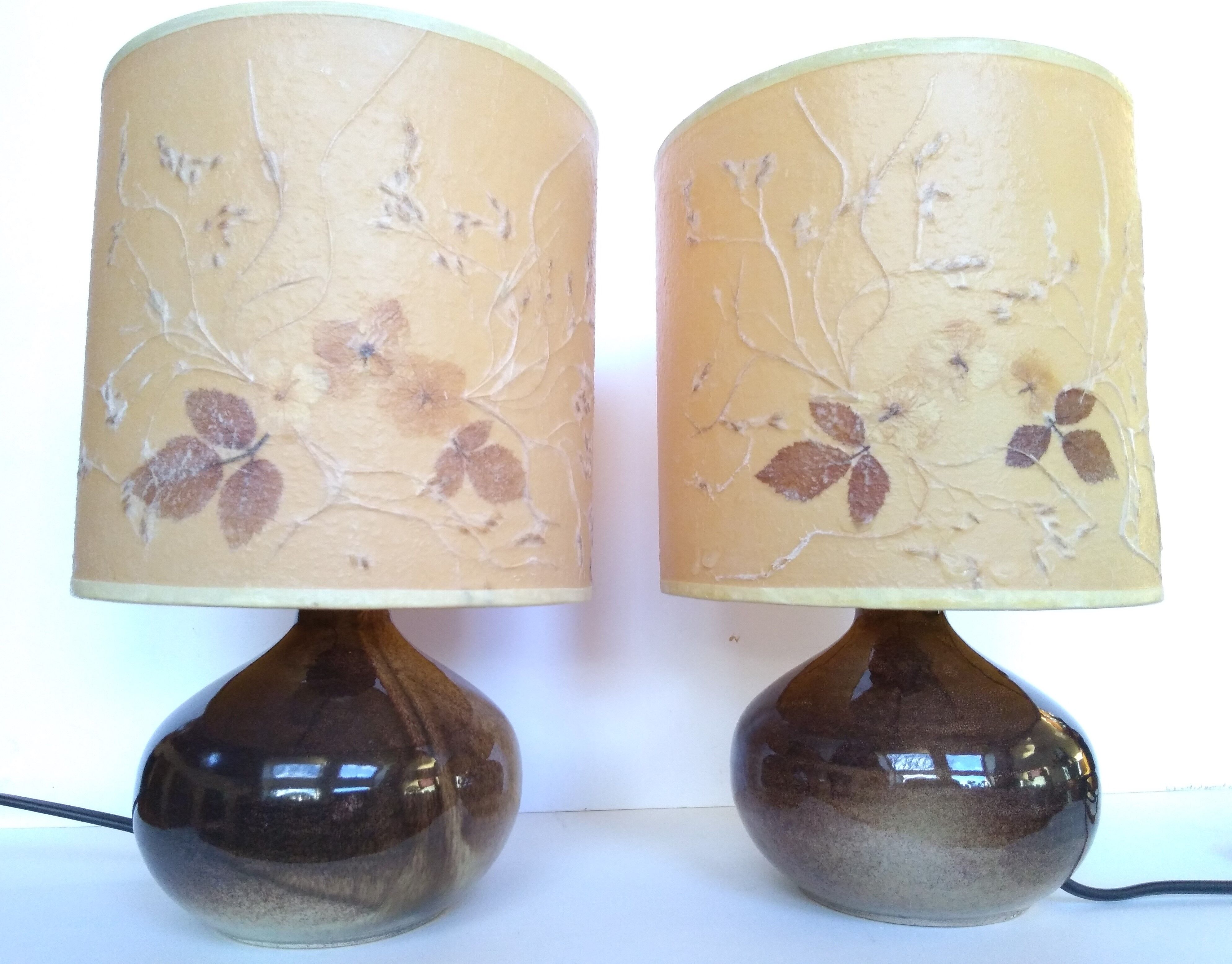 Paire de lampes en grès 70 abat-jour inclusion fleurs séchées