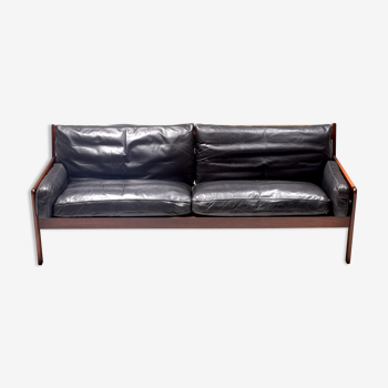 Scandinavian sofa 3 places rosewood and leather