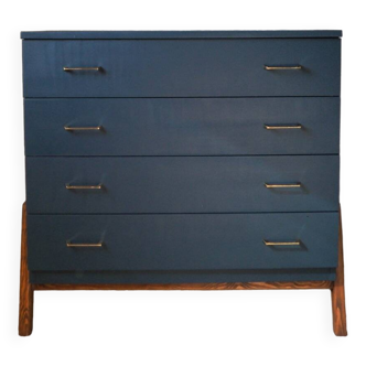 Commode 4 tiroirs peinte en bleue, piètement en bois