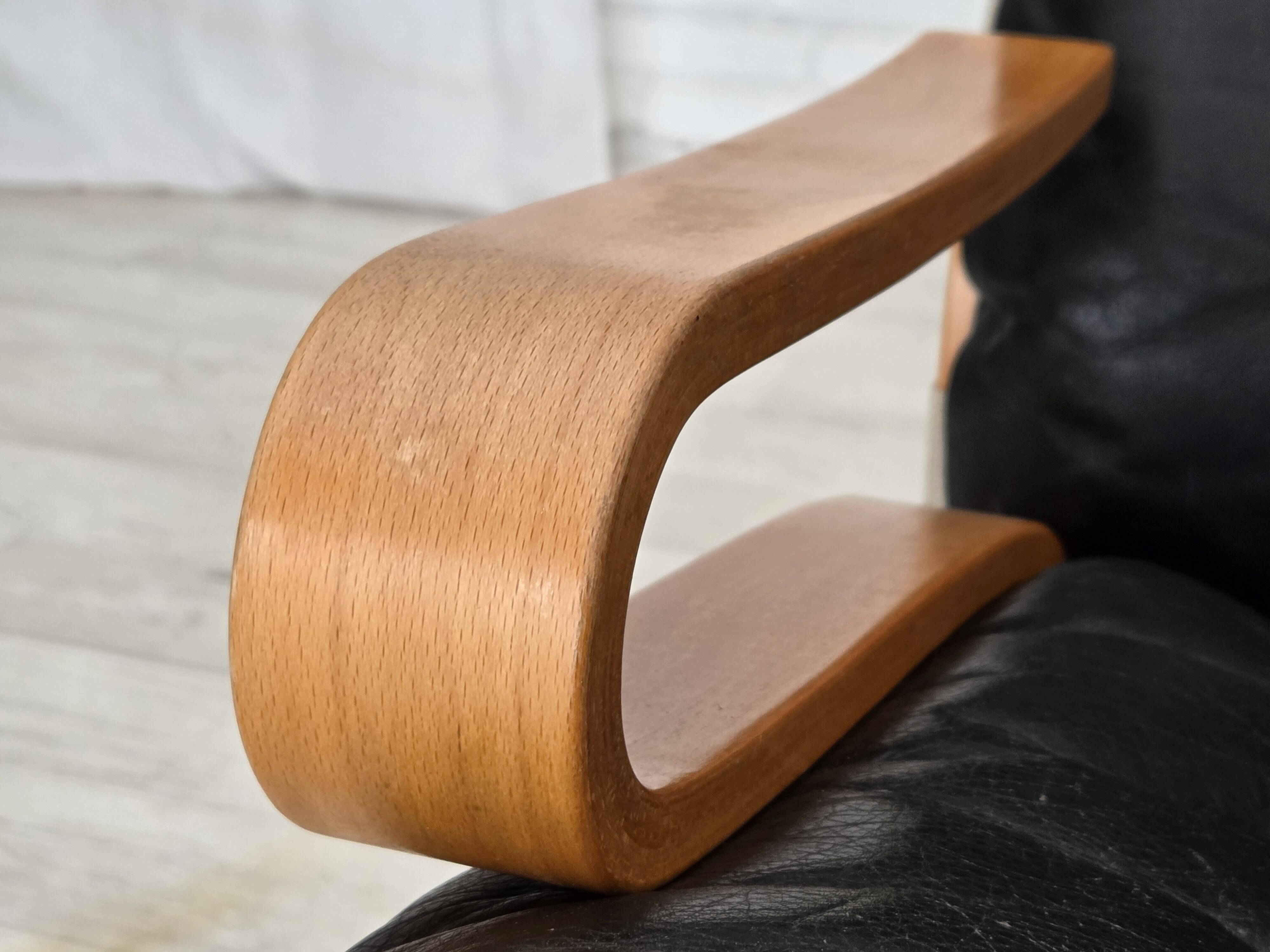 1970s, Norwegian design, armchair model "Kengu", leather, bent wood.