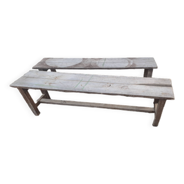 Pair of solid raw wood benches XIX