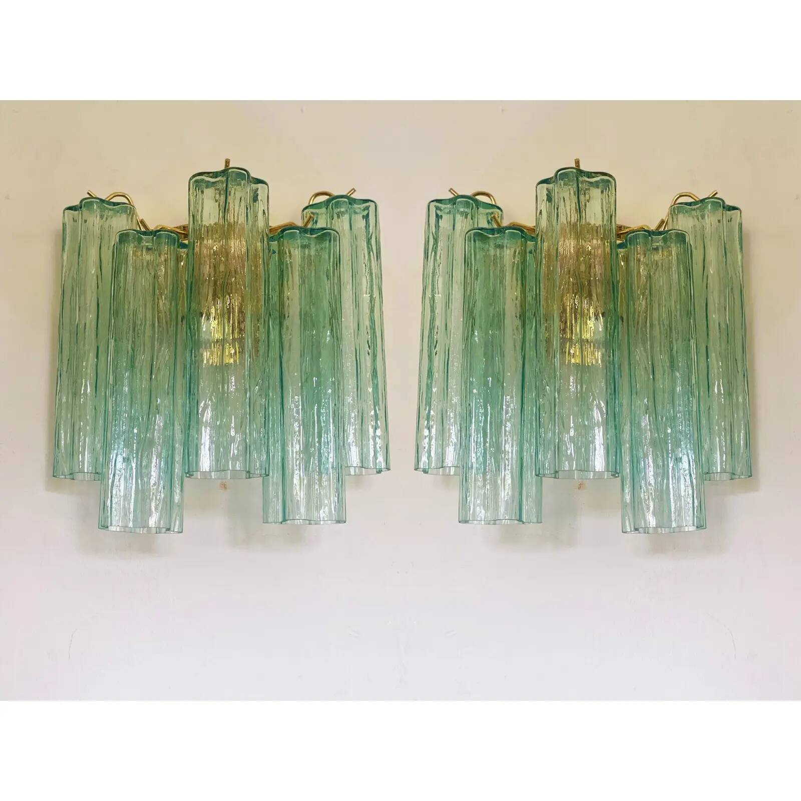 Pair of Contemporary Italian Murano Glass “Tronchi” Wall Sconces in Green
