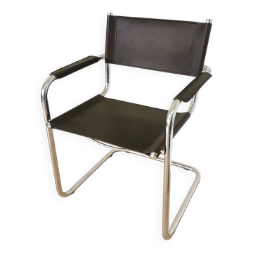 Fauteuil vintage style Mart Stam : simili cuir marron foncé, cantilever en chrome