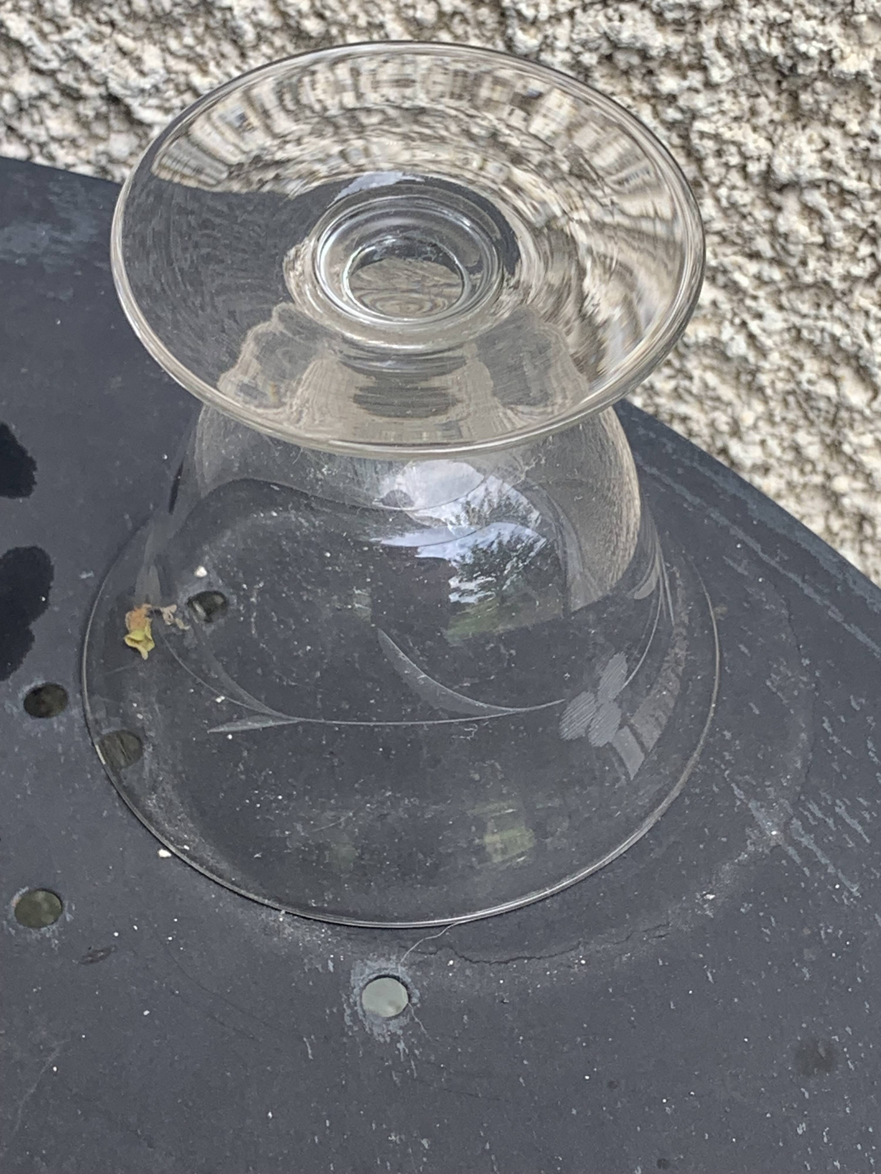 6 elegant clear glass champagne glasses with chiseled flower pattern