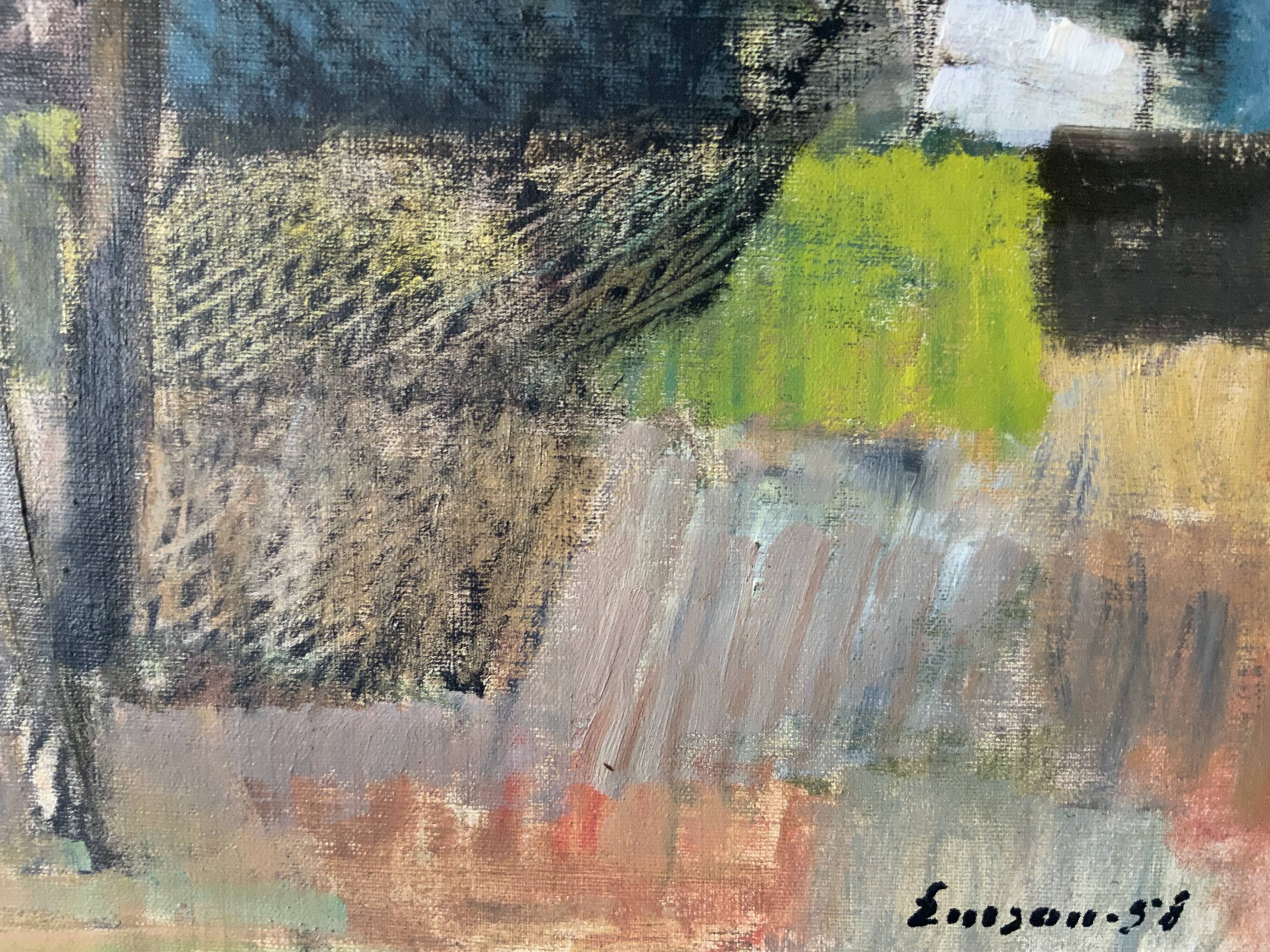 Vintage Oil Painting Fishing Village Scene 1950s