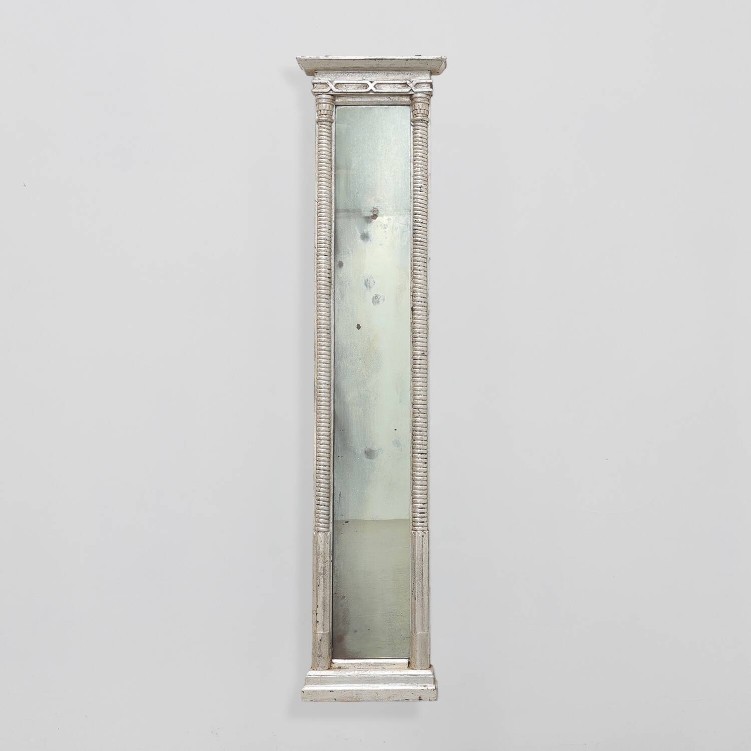 Neoclassical Silver Leaf Pier Mirror with Ringed Columns and Cornice, Italy
