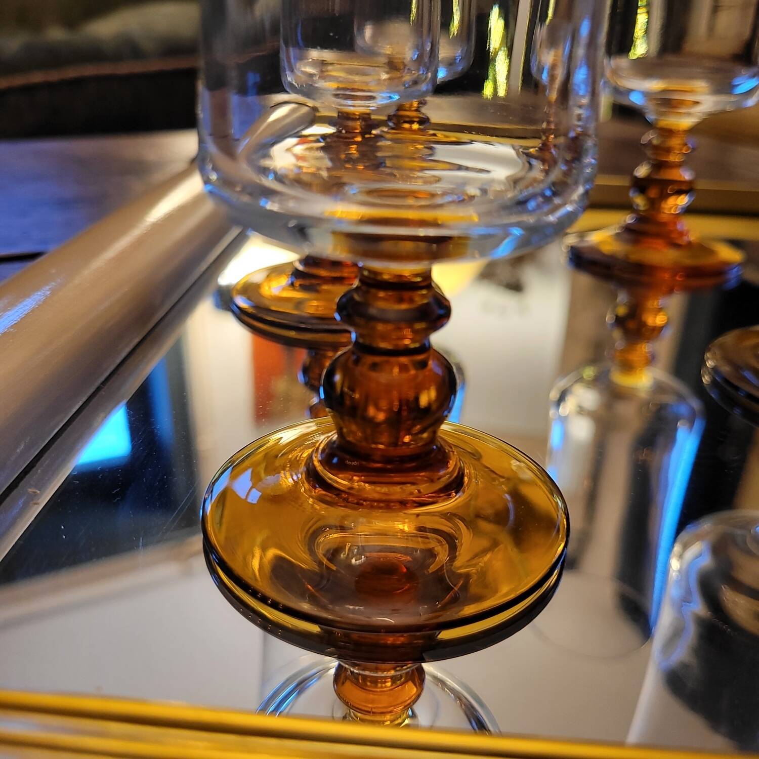 12 amber-stemmed flutes, 70s
