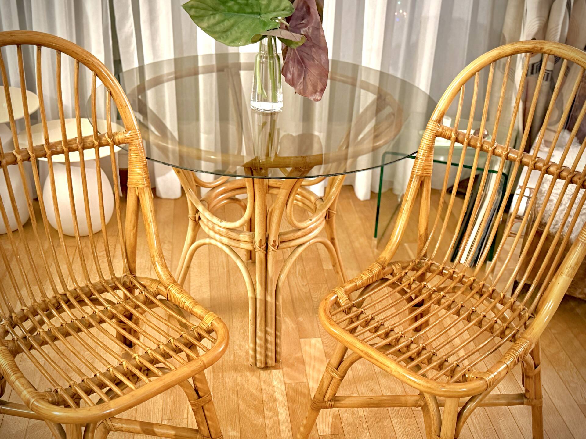 Smoked glass rattan table + chairs
