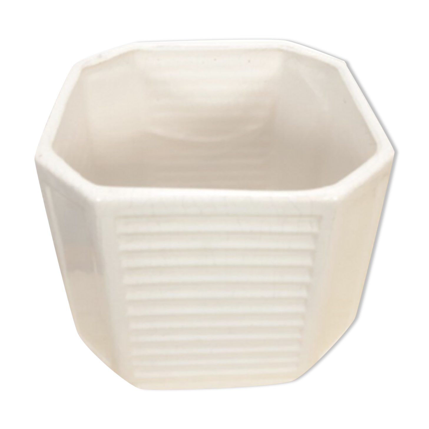 White vintage pot cover with stripes