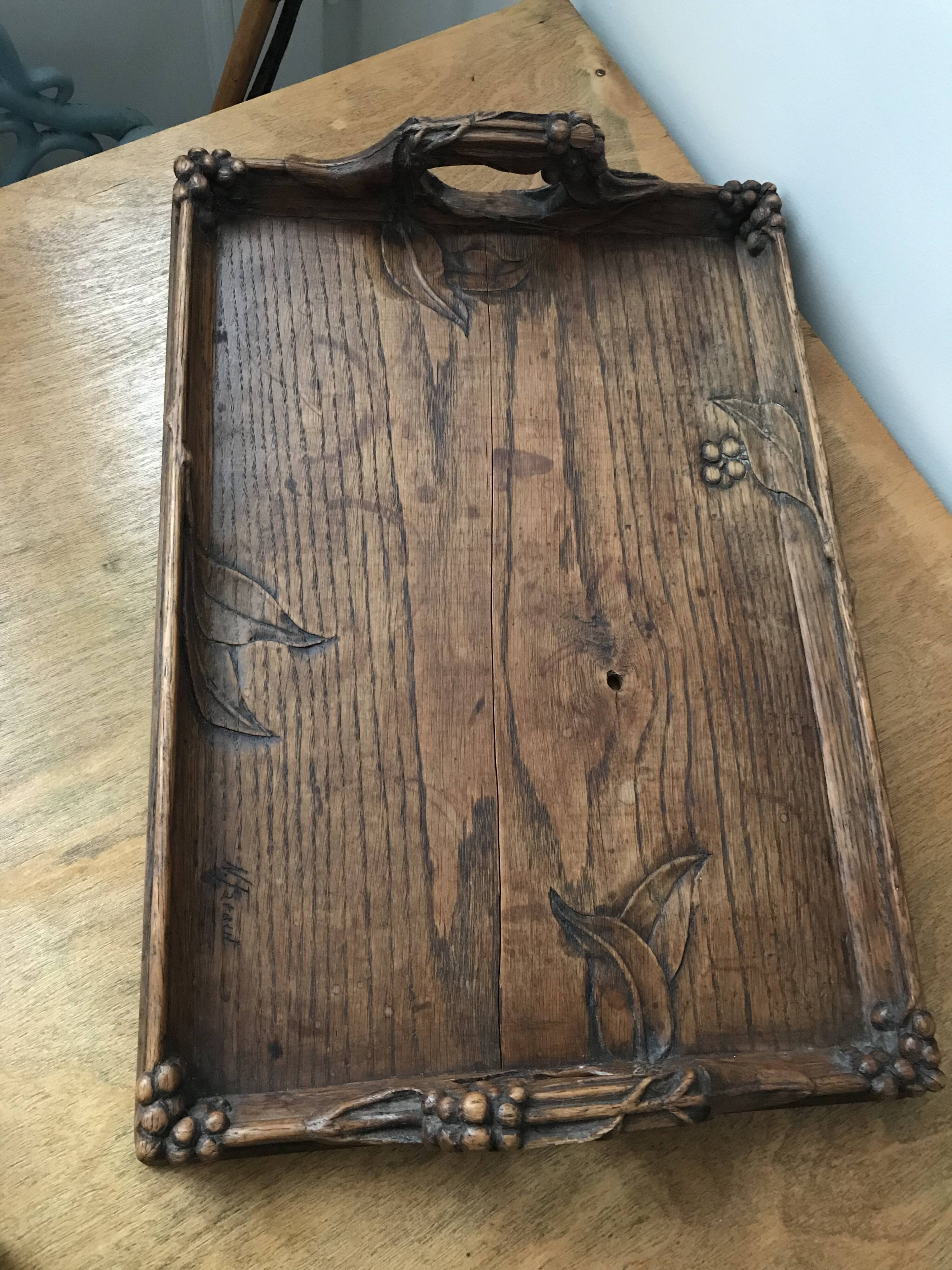 Art Nouveau tray in carved wood signed N.Faraut