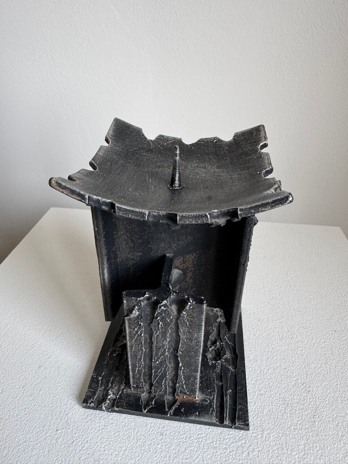 Vintage Brutalist Heavy Sculpture Wrought Iron Candle Holder