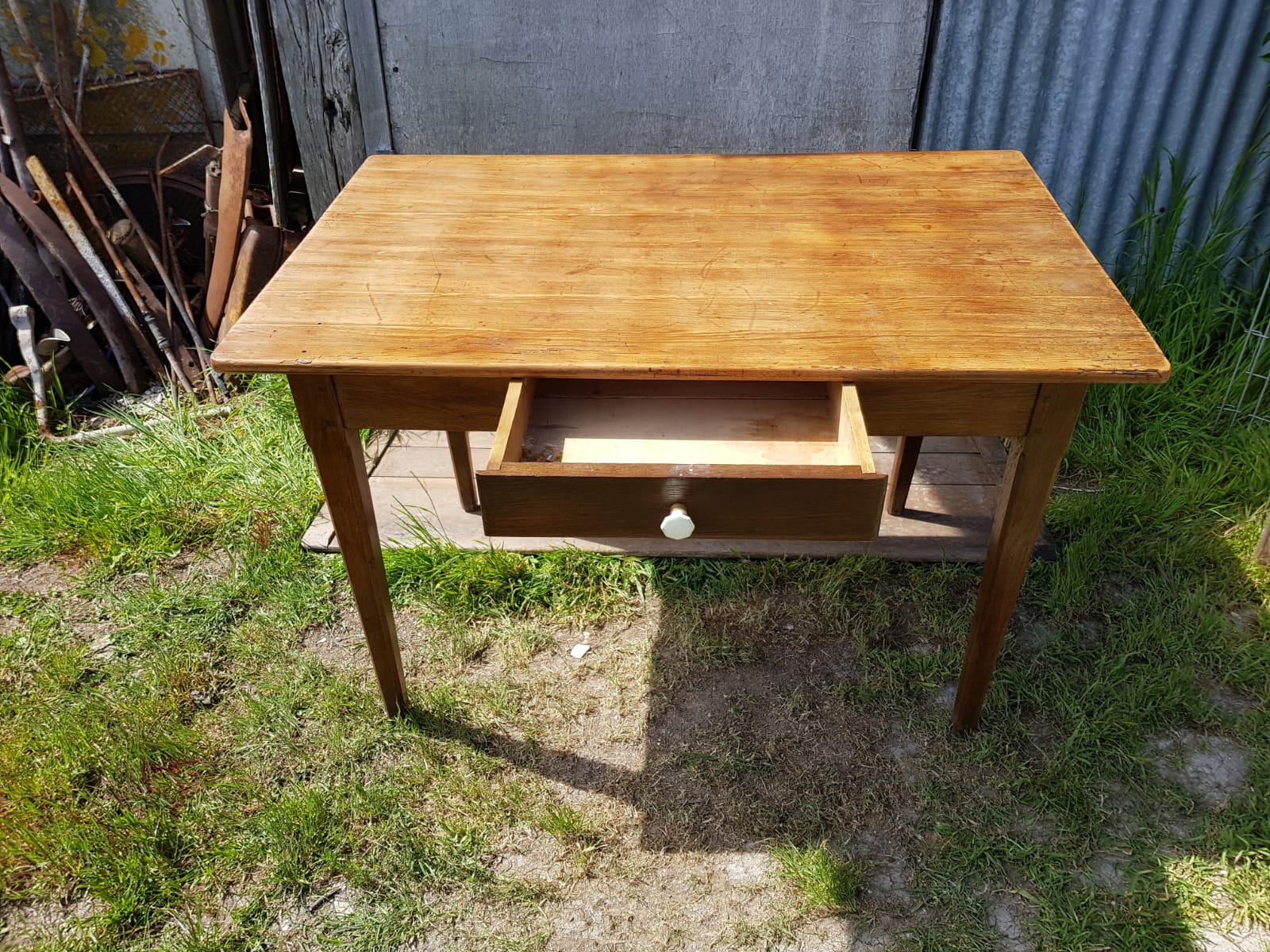 Old Farm Table - Wood Drawer Feet Compas Handle Vintage Porcelain