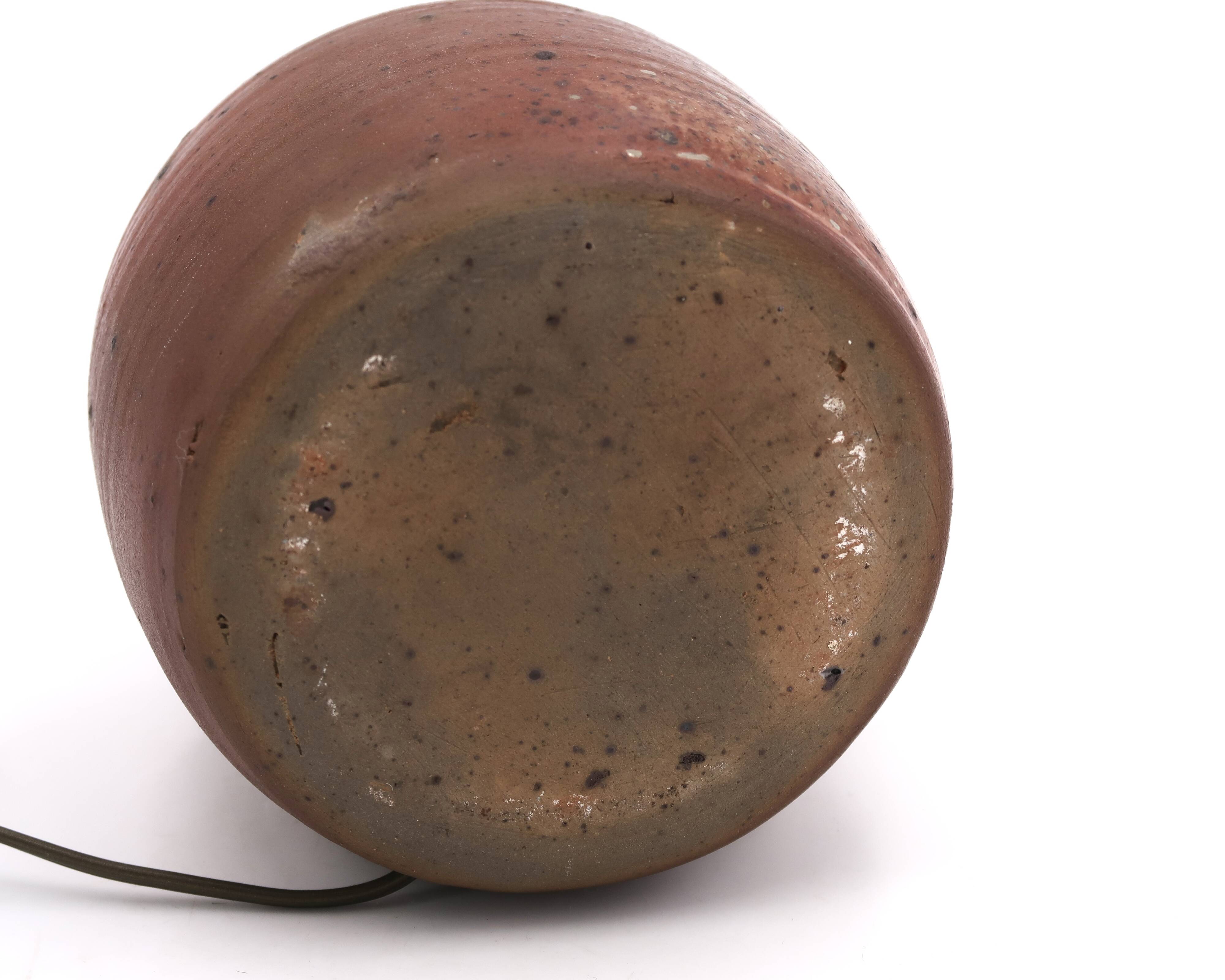 Stoneware lamp with wood firing, raffia lampshade, 1960s