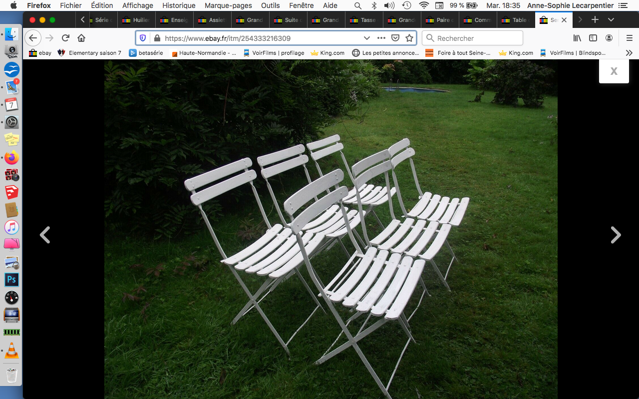 Series of 6 folding garden chairs in iron and old wooden slats