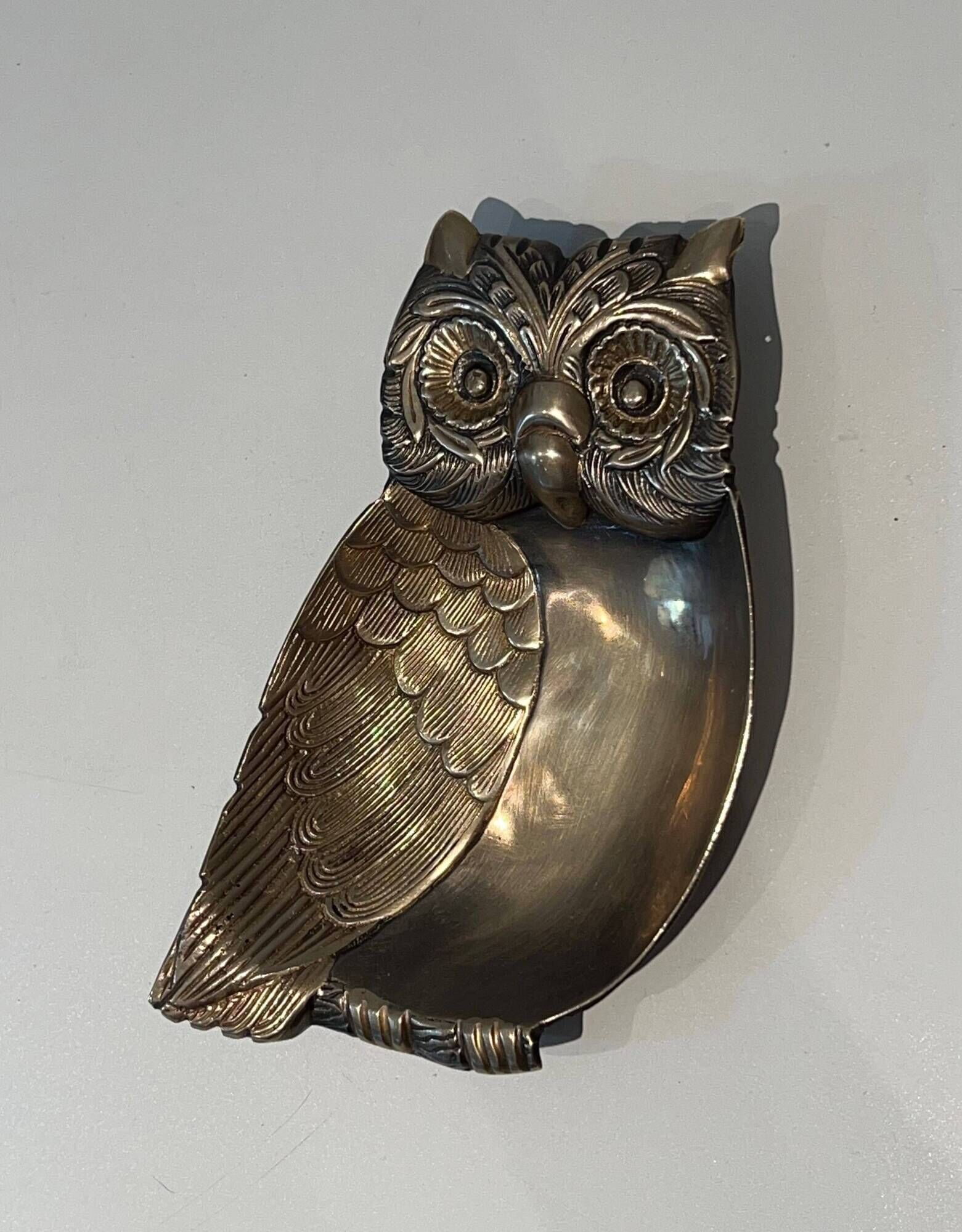Brass Owl Catchall with Chiseled Feather Decoration. Italian Work in the