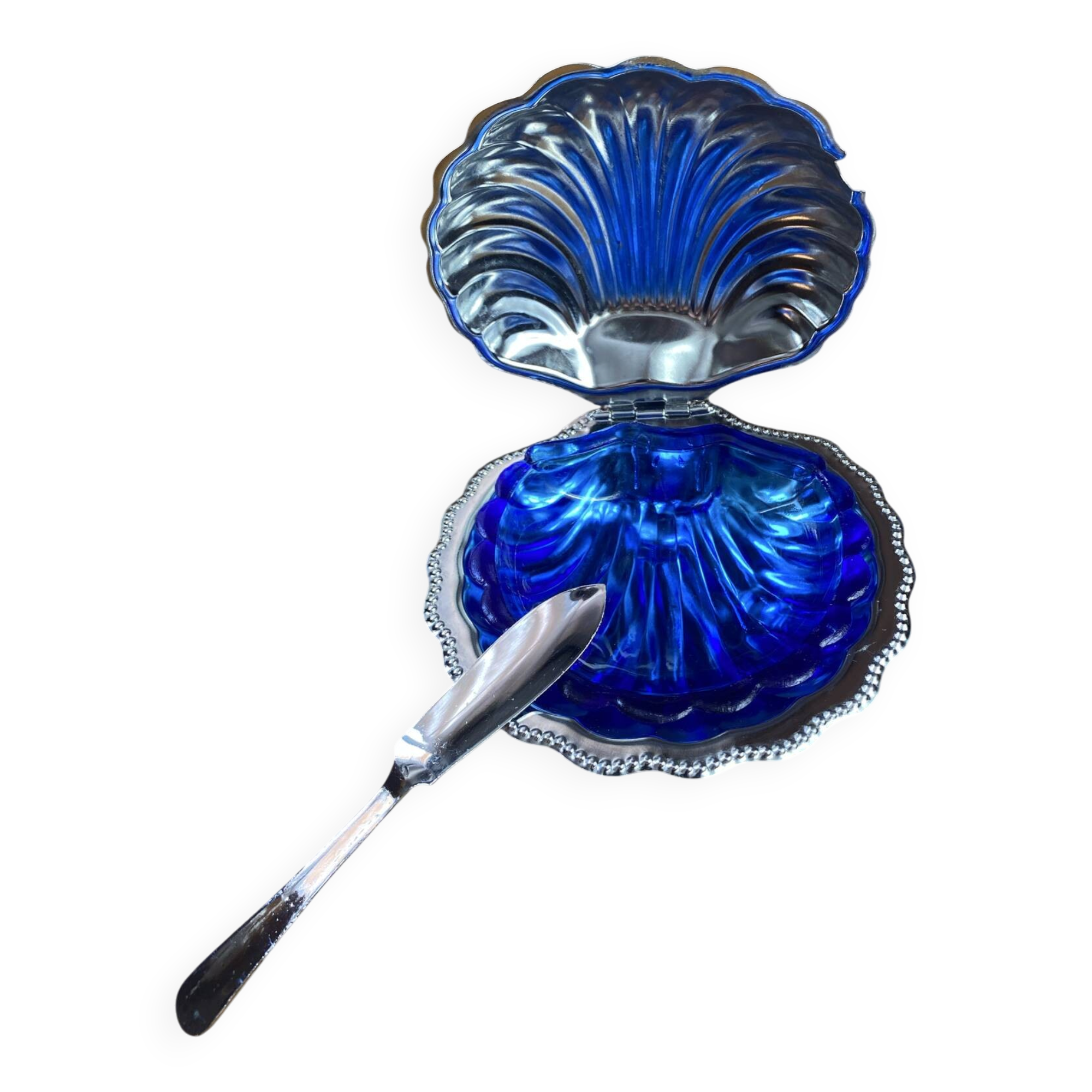 Shell-shaped butter dish in stainless steel and blue glass