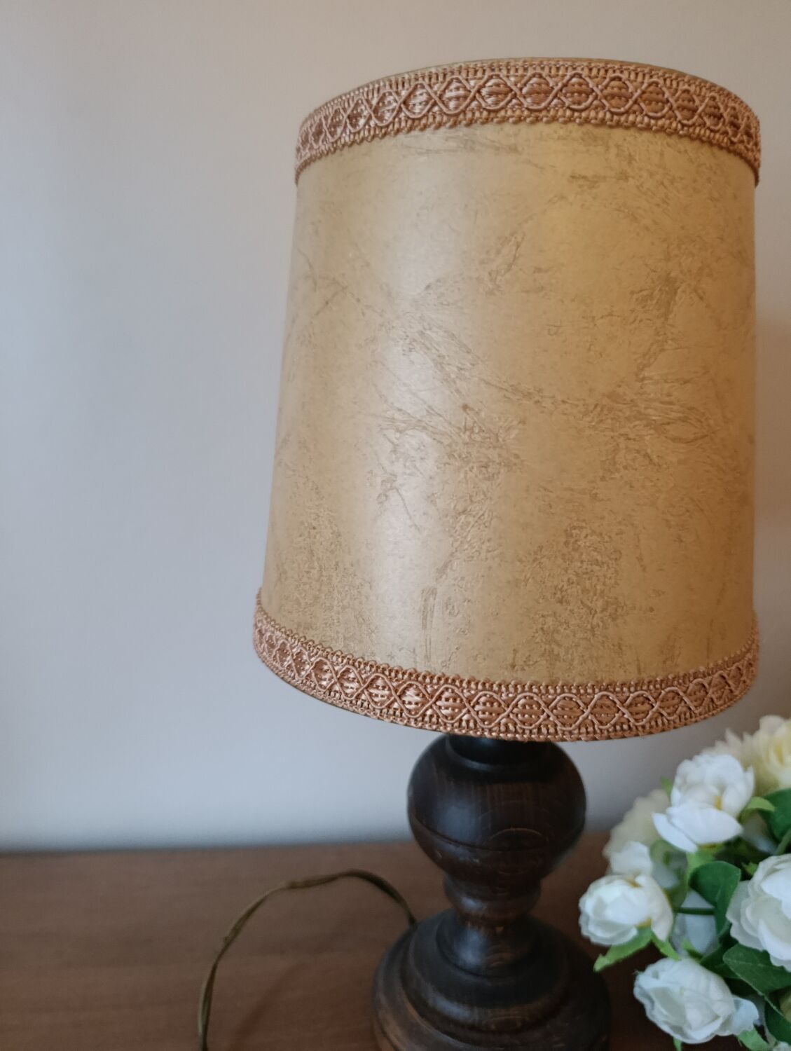 rustic chic turned wooden bedside lamp, leather shade