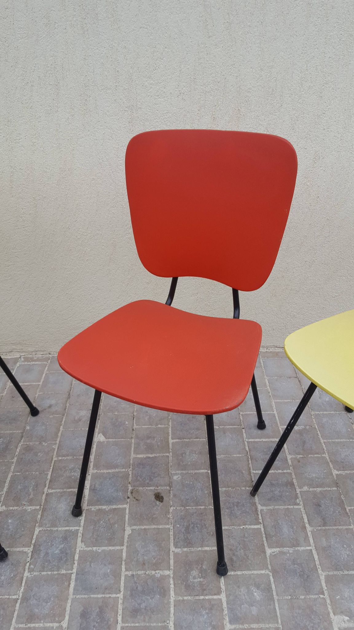 4 vintage metal tubular feet chairs, vinyl seating, skai