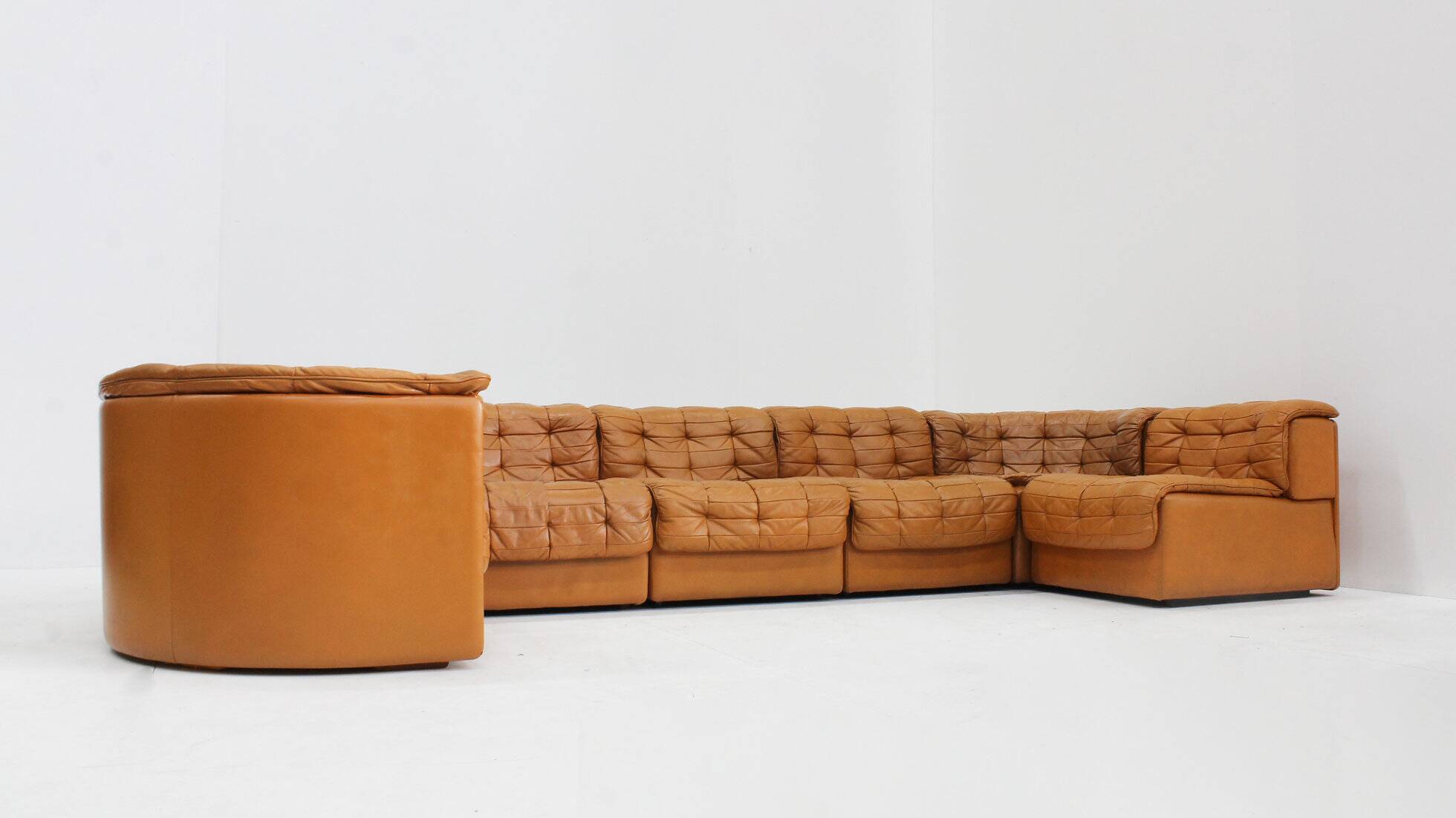Canapé modulaire Vintage De Sede DS 11 en cuir patchwork cognac, ensemble de 7 pièces