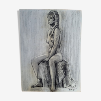 Drawing sketch nude charcoal 1950 60 signed