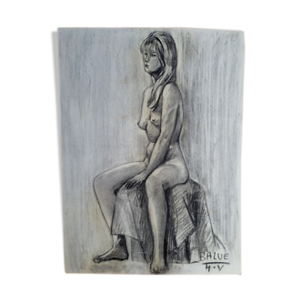 Drawing sketch nude charcoal 1950 60 signed