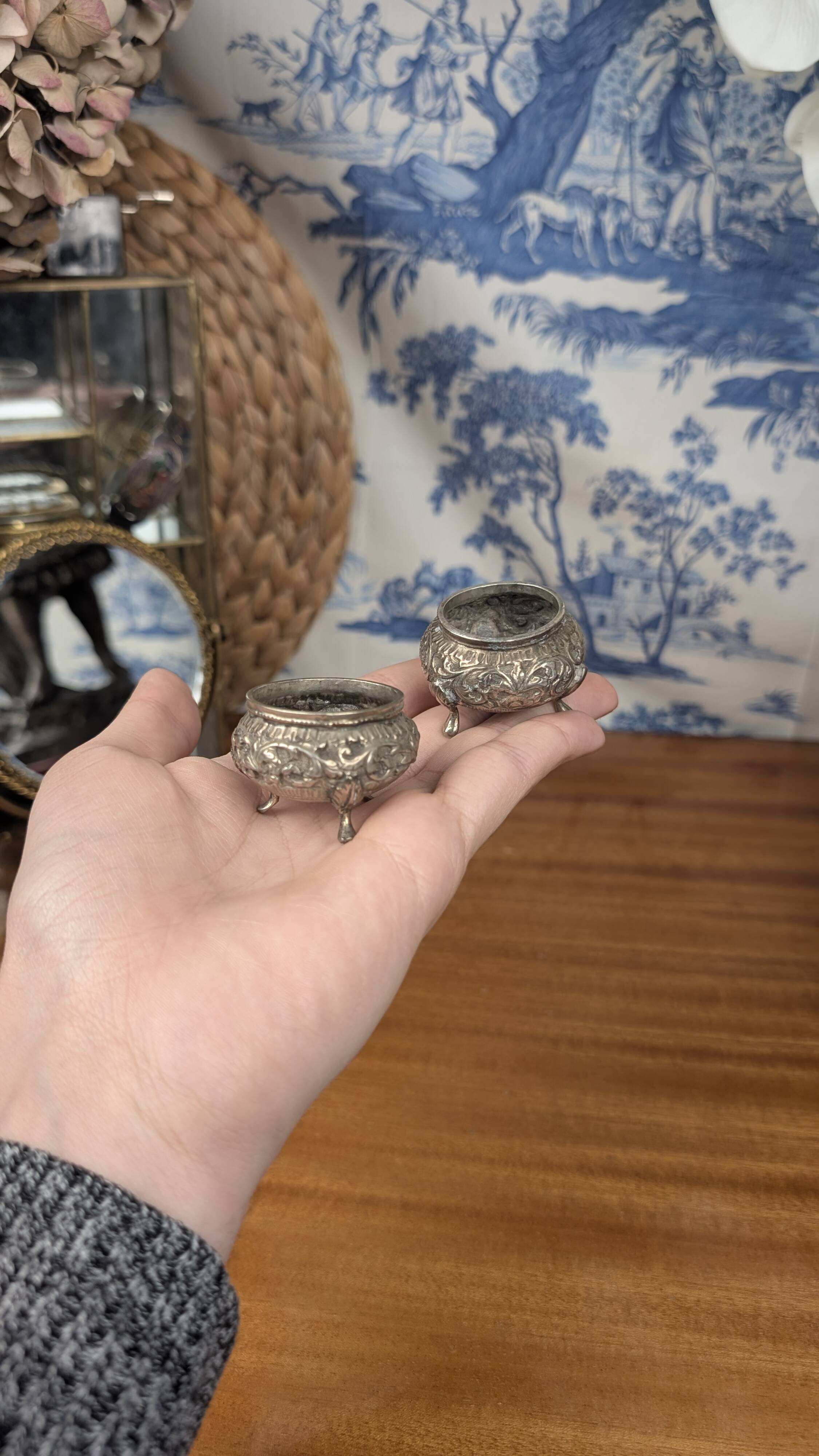 Indian Kutch 800 Silver Open Salt Cellar Pair of 800 Silver Salt Cellars