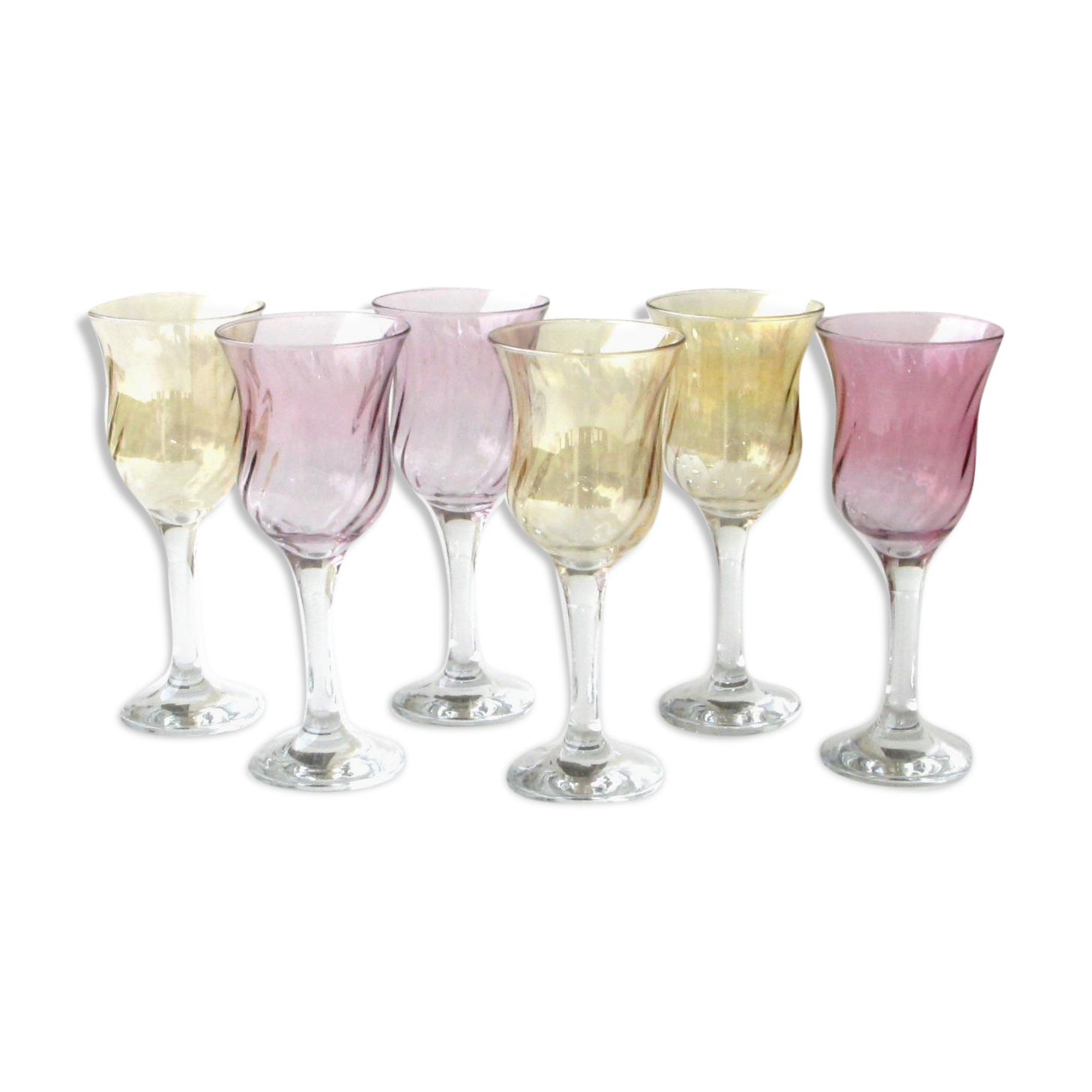 6 old pearlescent iridescent foot glasses - Old pink and amber
