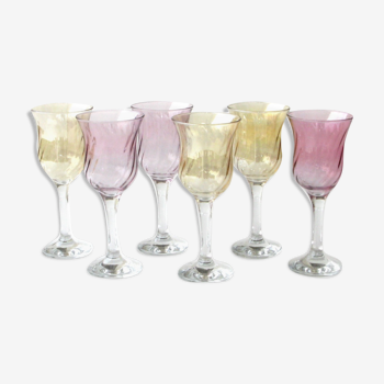 6 old pearlescent iridescent foot glasses - Old pink and amber